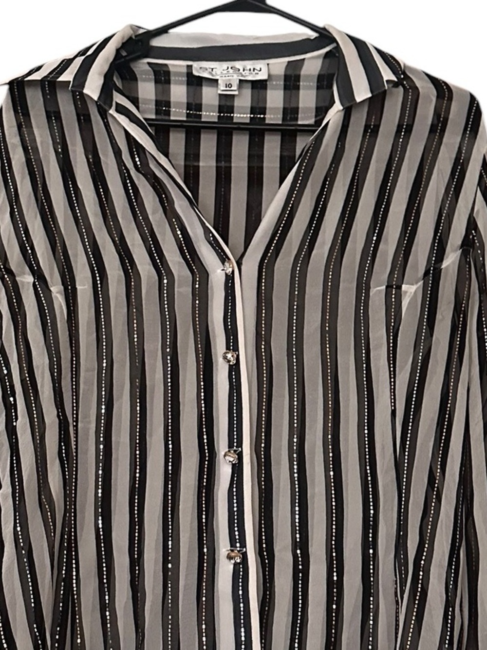 St. John Black & White Sheer Silk Striped Button-Down Blouse Size 10 📦 - Picture 5 of 8